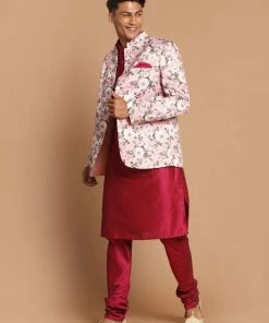 VASTRAMAY Men's Pink Silk Blend Jodhpuri With Purple Cotton Silk Blend Kurta And Pyjama Set