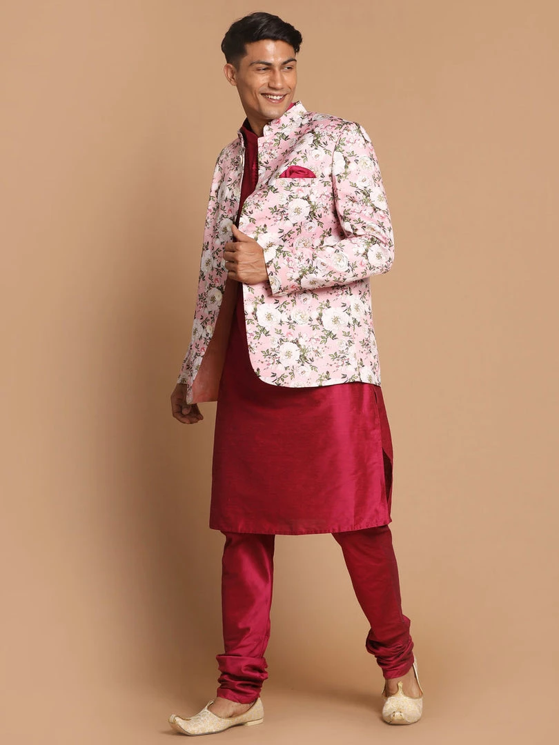 VASTRAMAY Men's Pink Silk Blend Jodhpuri With Purple Cotton Silk Blend Kurta And Pyjama Set 4 VASTRAMAY Men's Pink Silk Blend Jodhpuri With Purple Cotton Silk Blend Kurta And Pyjama Set
