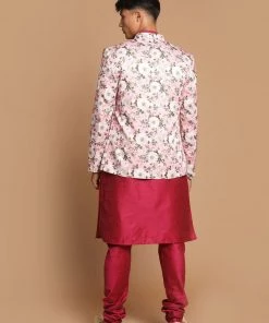 VASTRAMAY Men's Pink Silk Blend Jodhpuri With Purple Cotton Silk Blend Kurta And Pyjama Set 11 VASTRAMAY Men's Pink Silk Blend Jodhpuri With Purple Cotton Silk Blend Kurta And Pyjama Set