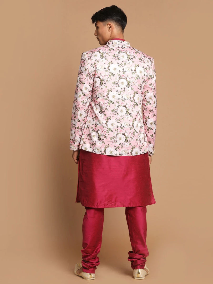 VASTRAMAY Men's Pink Silk Blend Jodhpuri With Purple Cotton Silk Blend Kurta And Pyjama Set 5 VASTRAMAY Men's Pink Silk Blend Jodhpuri With Purple Cotton Silk Blend Kurta And Pyjama Set