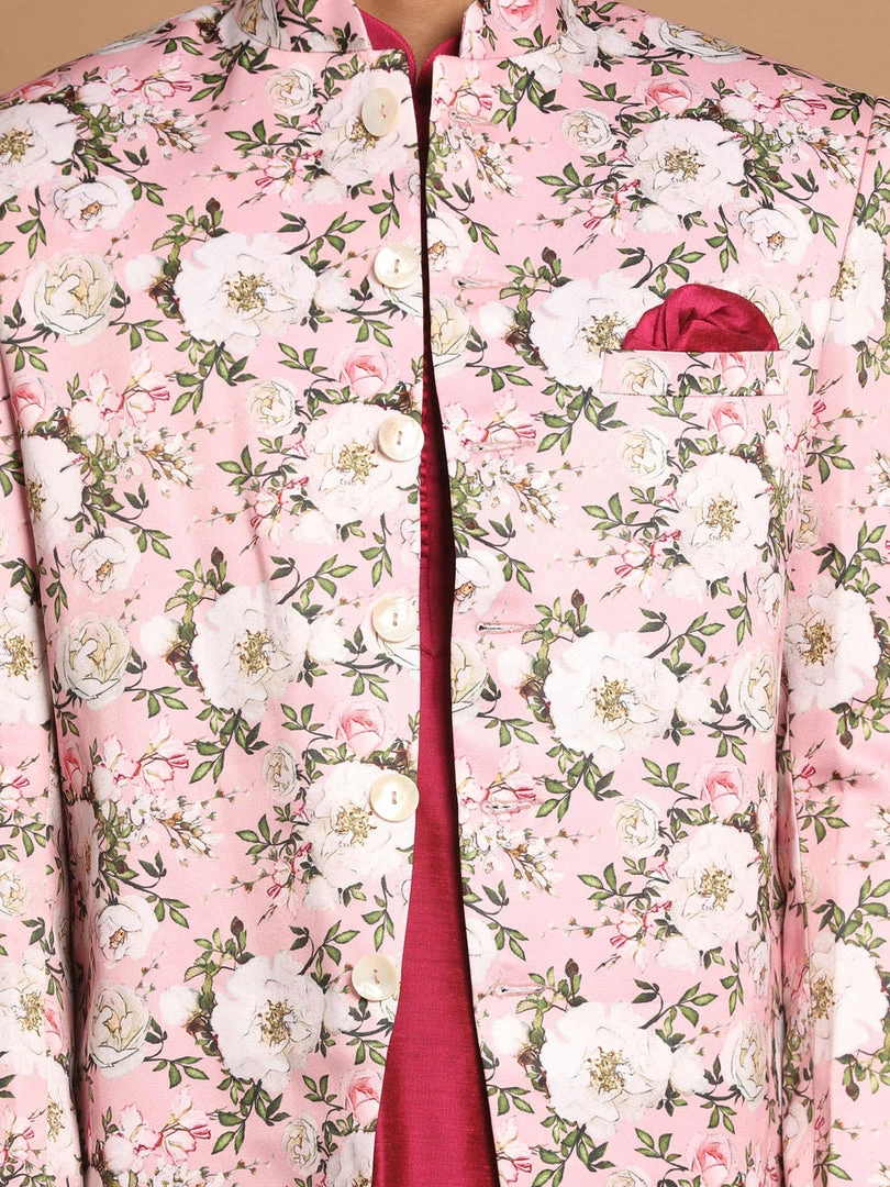 VASTRAMAY Men's Pink Silk Blend Jodhpuri With Purple Cotton Silk Blend Kurta And Pyjama Set 6 VASTRAMAY Men's Pink Silk Blend Jodhpuri With Purple Cotton Silk Blend Kurta And Pyjama Set