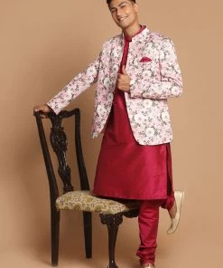 VASTRAMAY Men's Pink Silk Blend Jodhpuri With Purple Cotton Silk Blend Kurta And Pyjama Set 14 VASTRAMAY Men's Pink Silk Blend Jodhpuri With Purple Cotton Silk Blend Kurta And Pyjama Set