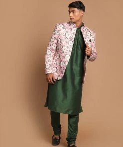 VASTRAMAY Men's Pink Silk Blend Jodhpuri With Green Kurta And Pyjama Set Rakhi