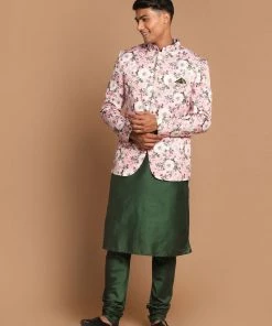 VASTRAMAY Men's Pink Silk Blend Jodhpuri With Green Kurta And Pyjama Set Rakhi