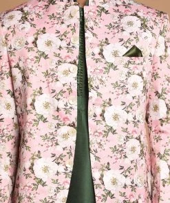 VASTRAMAY Men's Pink Silk Blend Jodhpuri With Green Kurta And Pyjama Set Rakhi