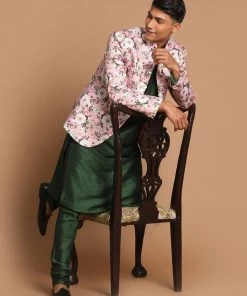 VASTRAMAY Men's Pink Silk Blend Jodhpuri With Green Kurta And Pyjama Set Rakhi