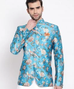 VASTRAMAY Men's Turquoise Silk Blend Jodhpuri Bandhgala/Jodhpuri