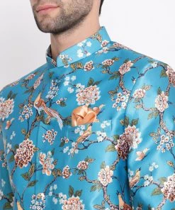 VASTRAMAY Men's Turquoise Silk Blend Jodhpuri Bandhgala/Jodhpuri