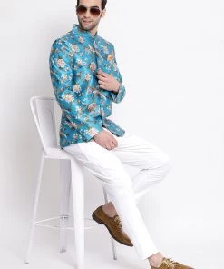 VASTRAMAY Men's Turquoise Silk Blend Jodhpuri Bandhgala/Jodhpuri