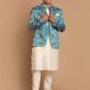 VASTRAMAY Men's Turquoise Silk Blend Jodhpuri With Cream Viscose Rayon Kurta Pyjama Set