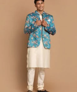 VASTRAMAY Men's Turquoise Silk Blend Jodhpuri With Cream Viscose Rayon Kurta Pyjama Set