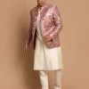 VASTRAMAY Men's Pink Silk Blend Lavanya Print Jodhpuri With Cream Viscose Rayon Kurta Pyjama Set Rakhi