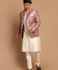 VASTRAMAY Men's Pink Silk Blend Lavanya Print Jodhpuri With Cream Viscose Rayon Kurta Pyjama Set Rakhi