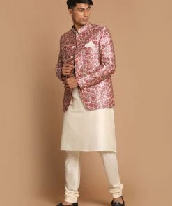 VASTRAMAY Men's Pink Silk Blend Lavanya Print Jodhpuri With Cream Viscose Rayon Kurta Pyjama Set Rakhi