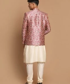 VASTRAMAY Men's Pink Silk Blend Lavanya Print Jodhpuri With Cream Viscose Rayon Kurta Pyjama Set Rakhi