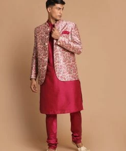 Rakhi VASTRAMAY Men's Pink Silk Blend Lavanya Print Jodhpuri With Solid Viscose Kurta Pyjama Set