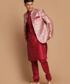 Rakhi VASTRAMAY Men's Pink Silk Blend Lavanya Print Jodhpuri With Solid Viscose Kurta Pyjama Set