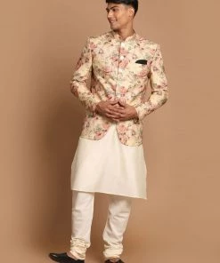 VASTRAMAY Men's Beige Color Printed Jodhpuri And Cream Kurta Pyjama Set