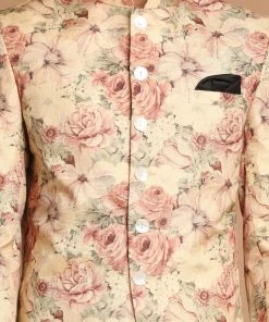 VASTRAMAY Men's Beige Color Printed Jodhpuri And Cream Kurta Pyjama Set