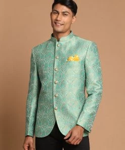 Bandhgala/Jodhpuri VASTRAMAY Men's Green Color Woven Design Jodhpuri