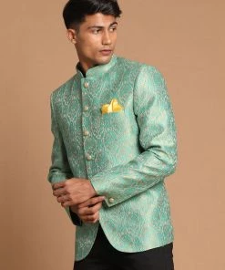 Bandhgala/Jodhpuri VASTRAMAY Men's Green Color Woven Design Jodhpuri