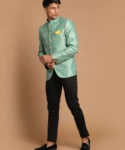 Bandhgala/Jodhpuri VASTRAMAY Men's Green Color Woven Design Jodhpuri