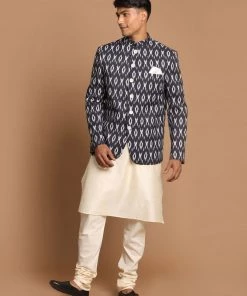 VASTRAMAY Men's Black Color Ikkat Print Jodhpuri And Cream Kurta Pyjama Set Rakhi