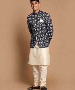 VASTRAMAY Men's Black Color Ikkat Print Jodhpuri And Cream Kurta Pyjama Set Rakhi