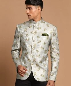 Bandhgala/Jodhpuri VASTRAMAY Men's Light Green Woven Design Jodhpuri