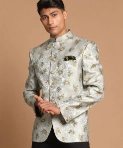 Bandhgala/Jodhpuri VASTRAMAY Men's Light Green Woven Design Jodhpuri