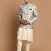 VASTRAMAY Men's Green Color Woven Design Jodhpuri And Cream Kurta Pyjama Set