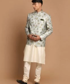 VASTRAMAY Men's Green Color Woven Design Jodhpuri And Cream Kurta Pyjama Set