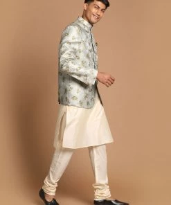 VASTRAMAY Men's Green Color Woven Design Jodhpuri And Cream Kurta Pyjama Set