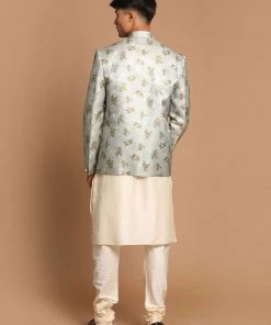 VASTRAMAY Men's Green Color Woven Design Jodhpuri And Cream Kurta Pyjama Set