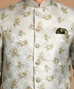 VASTRAMAY Men's Green Color Woven Design Jodhpuri And Cream Kurta Pyjama Set