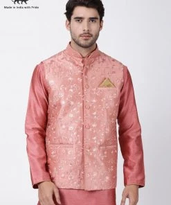 Vastramay Men's Pink Cotton Silk Blend Ethnic Jacket Buy 1 Get 1