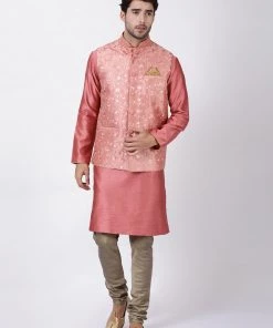 Vastramay Men's Pink Cotton Silk Blend Ethnic Jacket Buy 1 Get 1