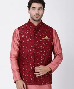 Vastramay Men's Maroon Cotton Silk Blend Ethnic Jacket Buy 1 Get 1