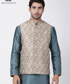 Vastramay Men's Beige Cotton Silk Blend Ethnic Jacket