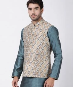 Vastramay Men's Beige Cotton Silk Blend Ethnic Jacket