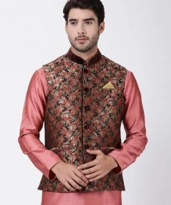 Vastramay Nehru Jacket Men's Maroon Cotton Silk Blend Ethnic Jacket