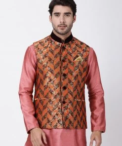 Vastramay Men's Orange Cotton Silk Blend Ethnic Jacket