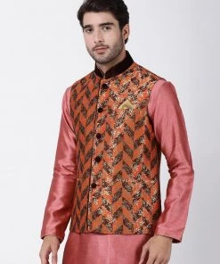 Vastramay Men's Orange Cotton Silk Blend Ethnic Jacket