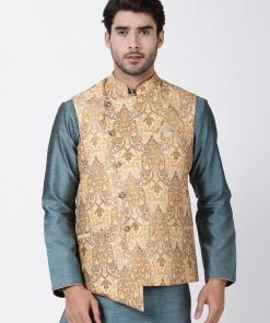 Vastramay Men's Gold Cotton Silk Blend Ethnic Jacket