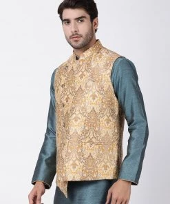Vastramay Men's Gold Cotton Silk Blend Ethnic Jacket