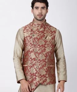 Vastramay Men's Maroon Cotton Silk Blend Ethnic Jacket Nehru Jacket