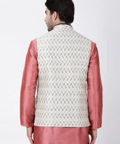 Vastramay Men's White Cotton Silk Blend Ethnic Jacket