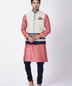 Vastramay Men's White Cotton Silk Blend Ethnic Jacket