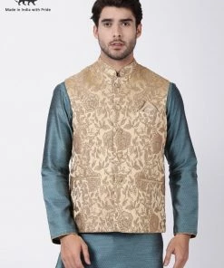 Vastramay Men's Beige Cotton Silk Blend Ethnic Jacket
