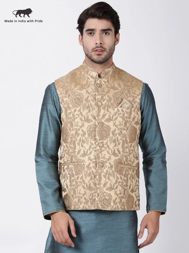 Vastramay Men's Beige Cotton Silk Blend Ethnic Jacket 3 Vastramay Men's Beige Cotton Silk Blend Ethnic Jacket
